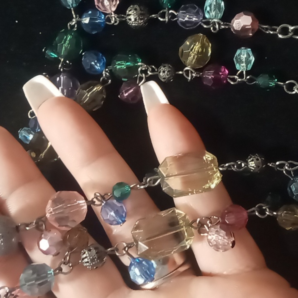 Cotton candy multi faceted crystal cut resin & metallic beaded long Necklace